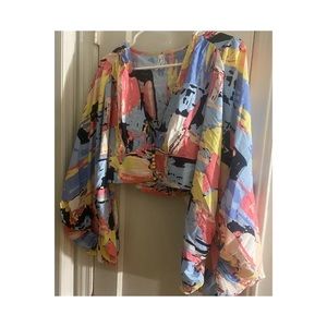 Multicolor Button Detail Deep V Neck Blouse